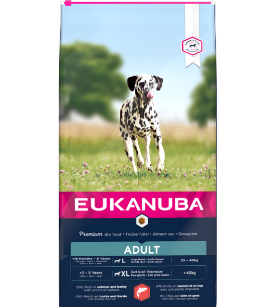 Eukanuba L/XL visavertis pašaras suaugusiems šunims su lašiša ir miežiais, 12 kg