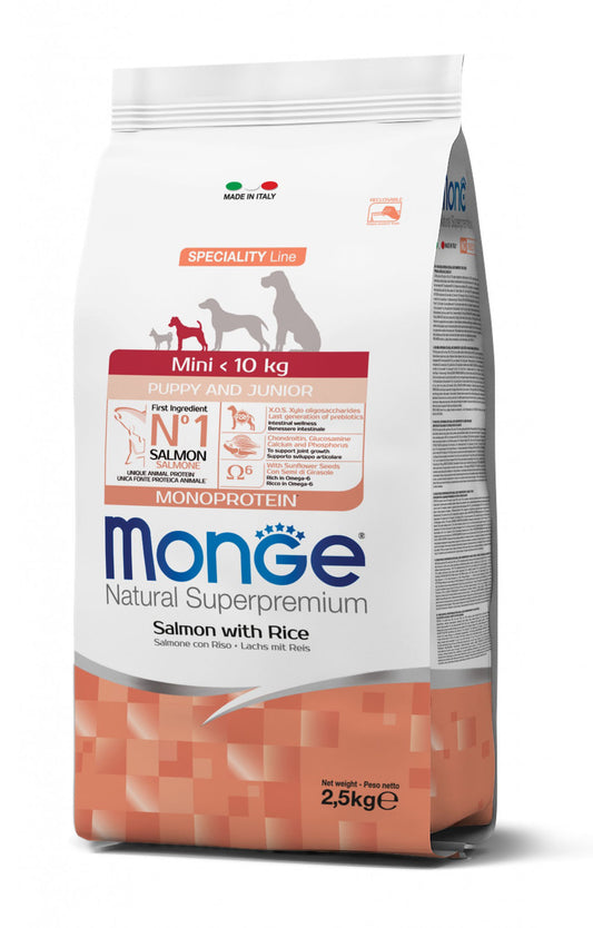 Monge spec.line monoprotein mini Puppy sausas pašaras mažų veislių jauniems šuniukams su lašiša ir ryžiais