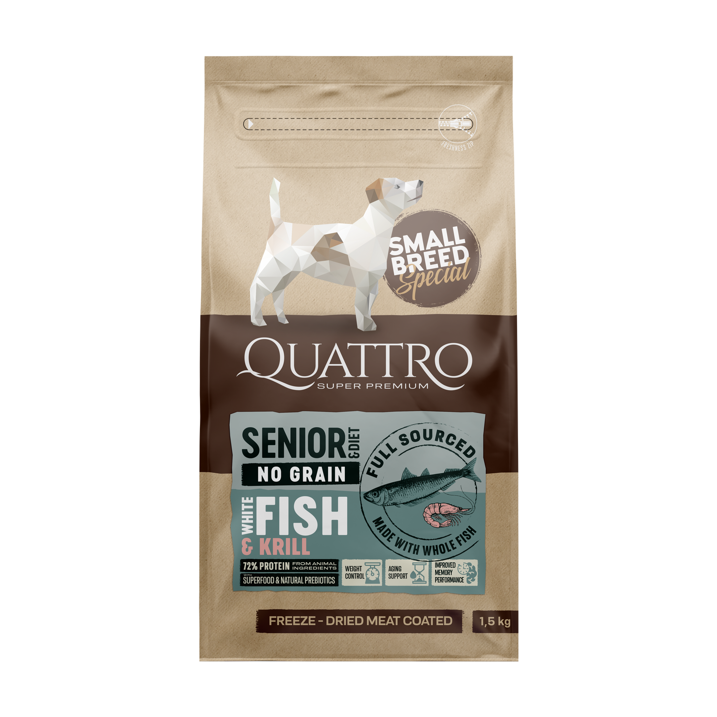 Quattro SB sausas seniems/dietinis mažų veislių šunų pašaras su balta žuvimi ir kriliu 7kg