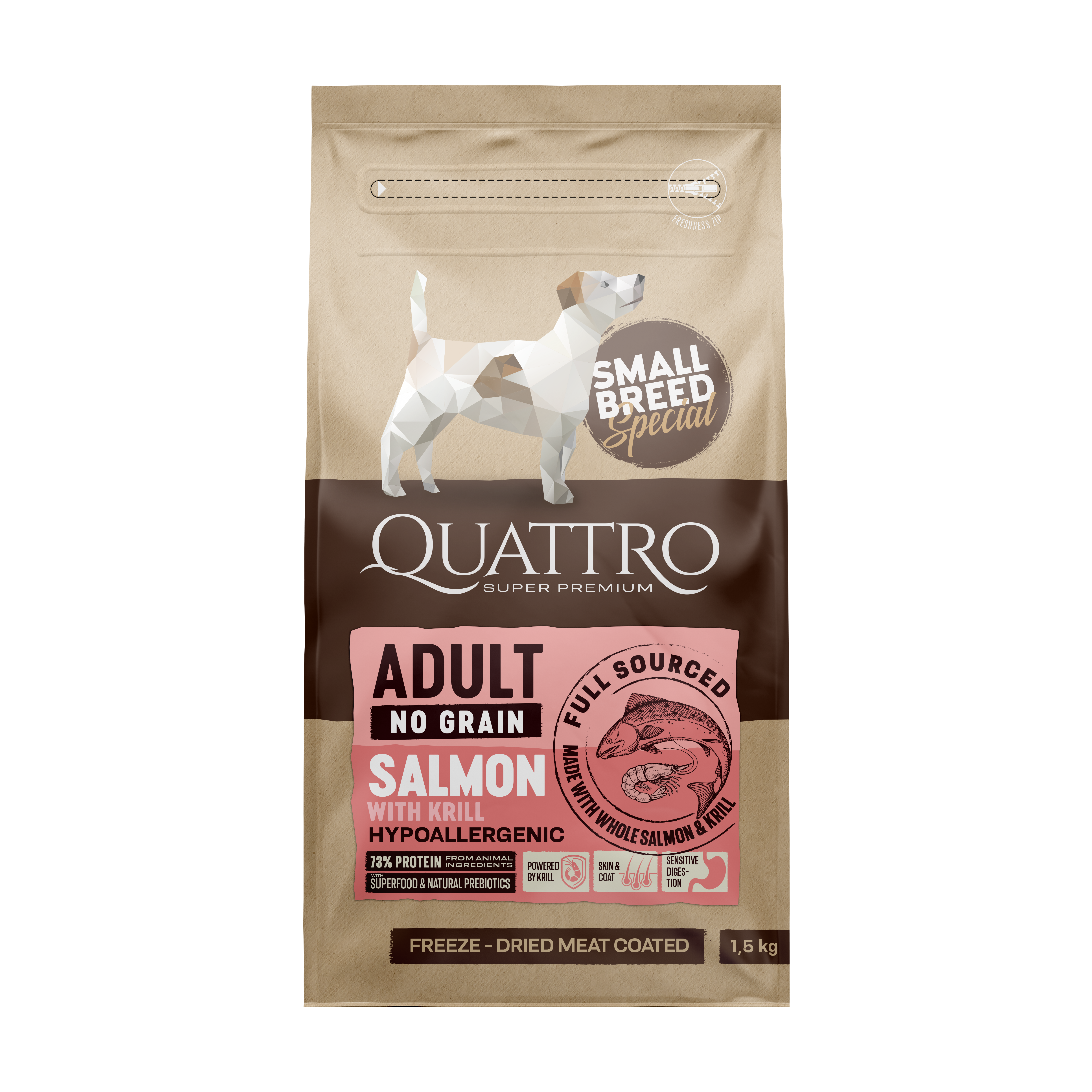 Quattro SB sausas suaugusių mažų veislių šunų pašaras su lašiša ir kriliu 1,5kg
