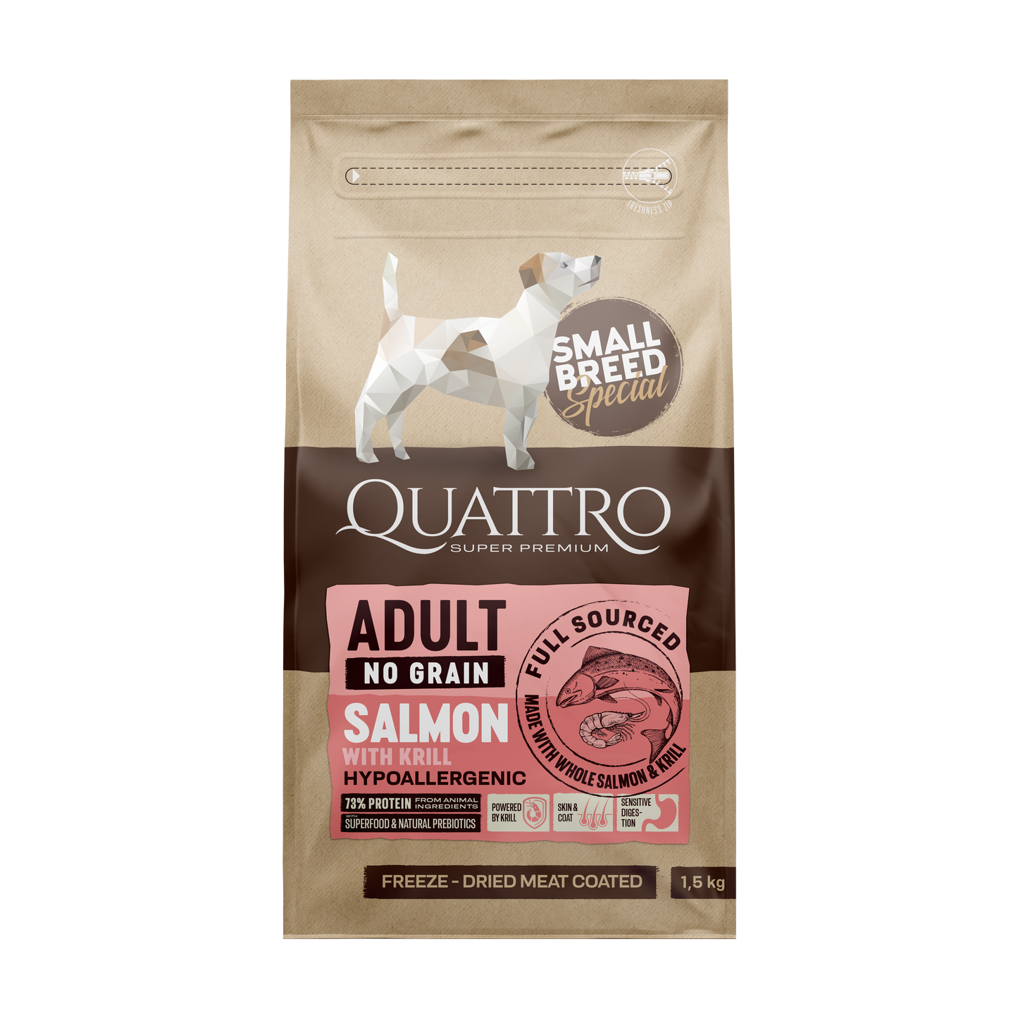 Quattro SB sausas suaugusių mažų veislių šunų pašaras su lašiša ir kriliu 1,5kg