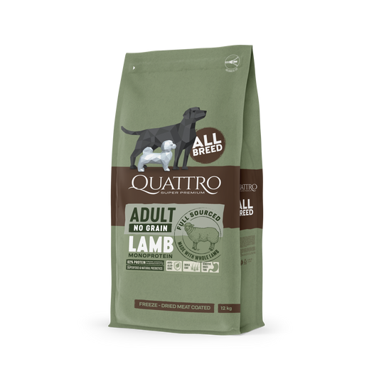 QUATTRO begrūdis visų veislių suaugusių šunų pašaras su ėriena monoproteinas 12kg