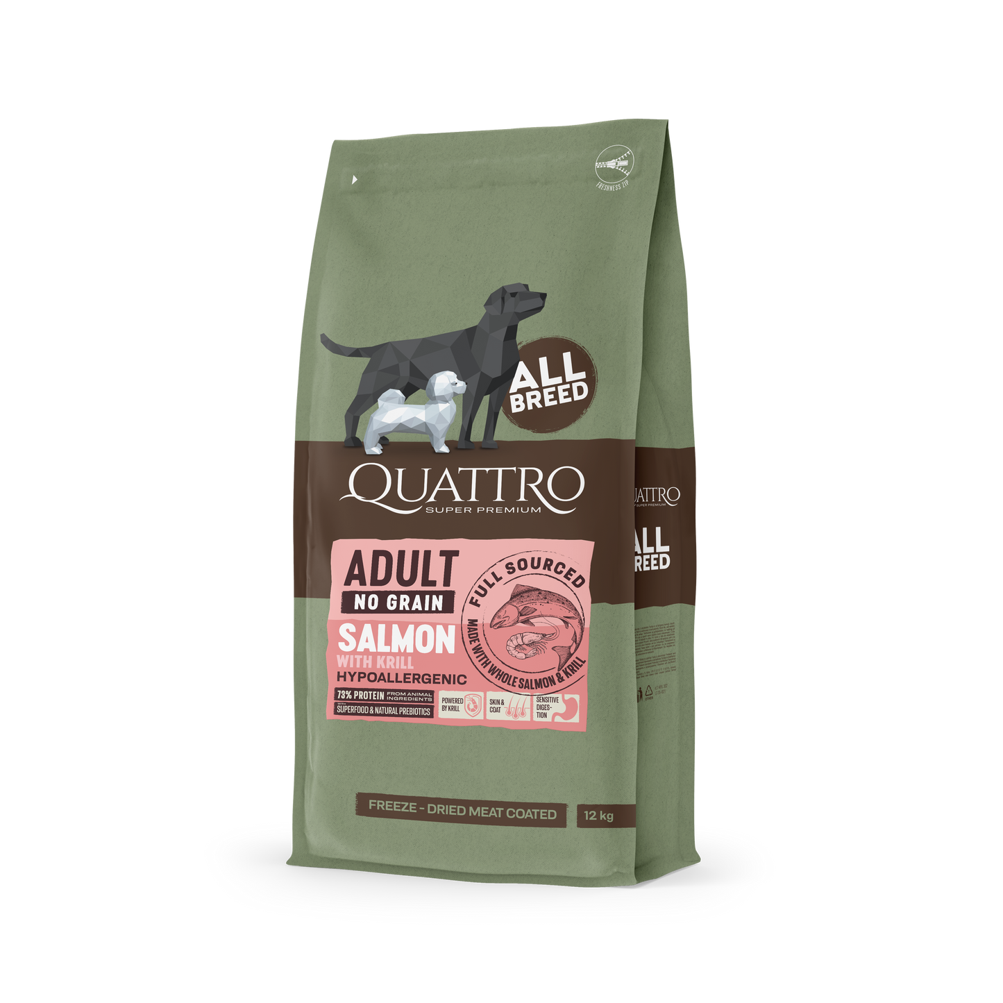QUATTRO begrūdis visų veislių suaugusių šunų pašaras su lašiša ir kriliu 12kg