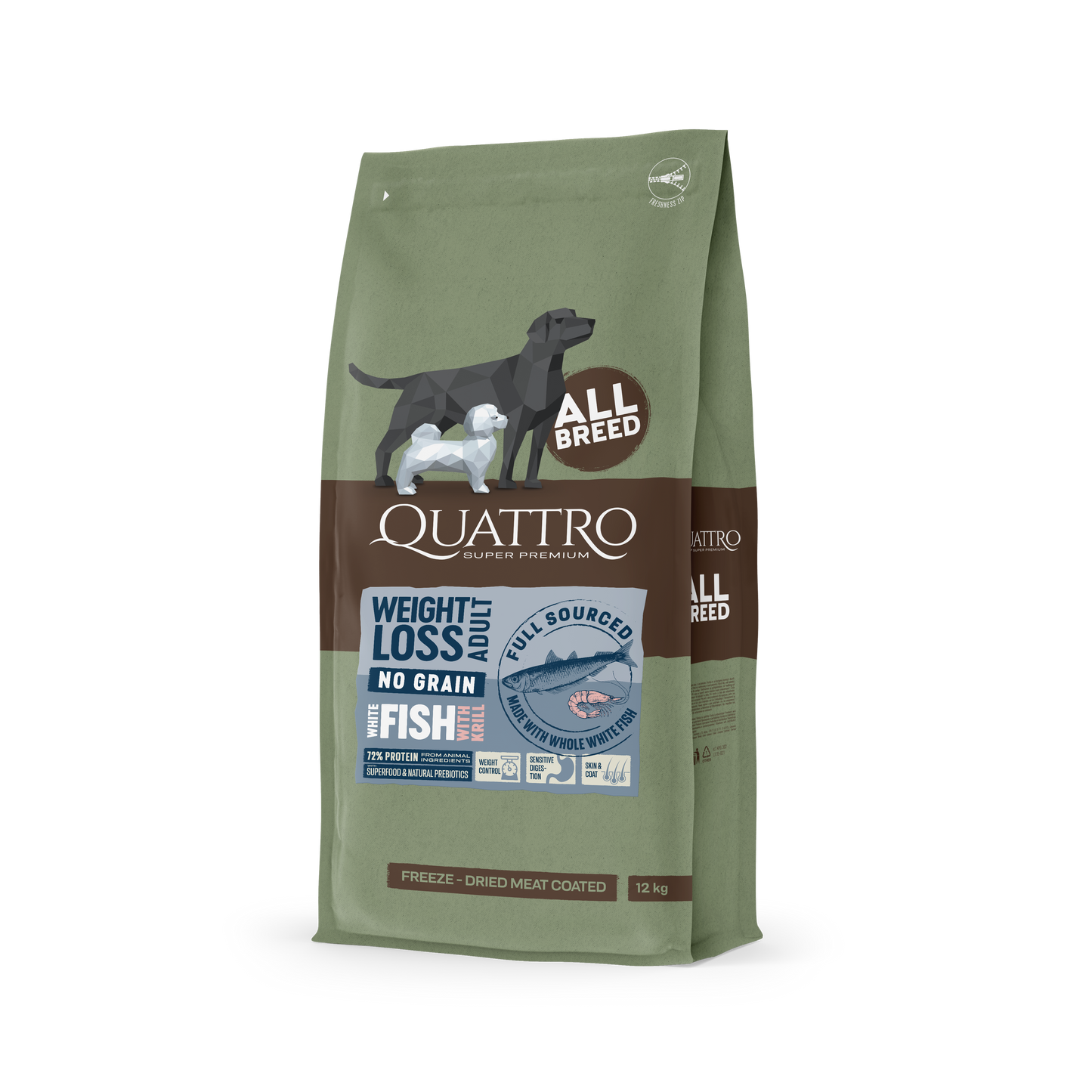 QUATTRO begrūdis visų veislių suaugusių šunų pašaras WEIGHT LOSS su balta žuvimi ir kriliumi 3kg