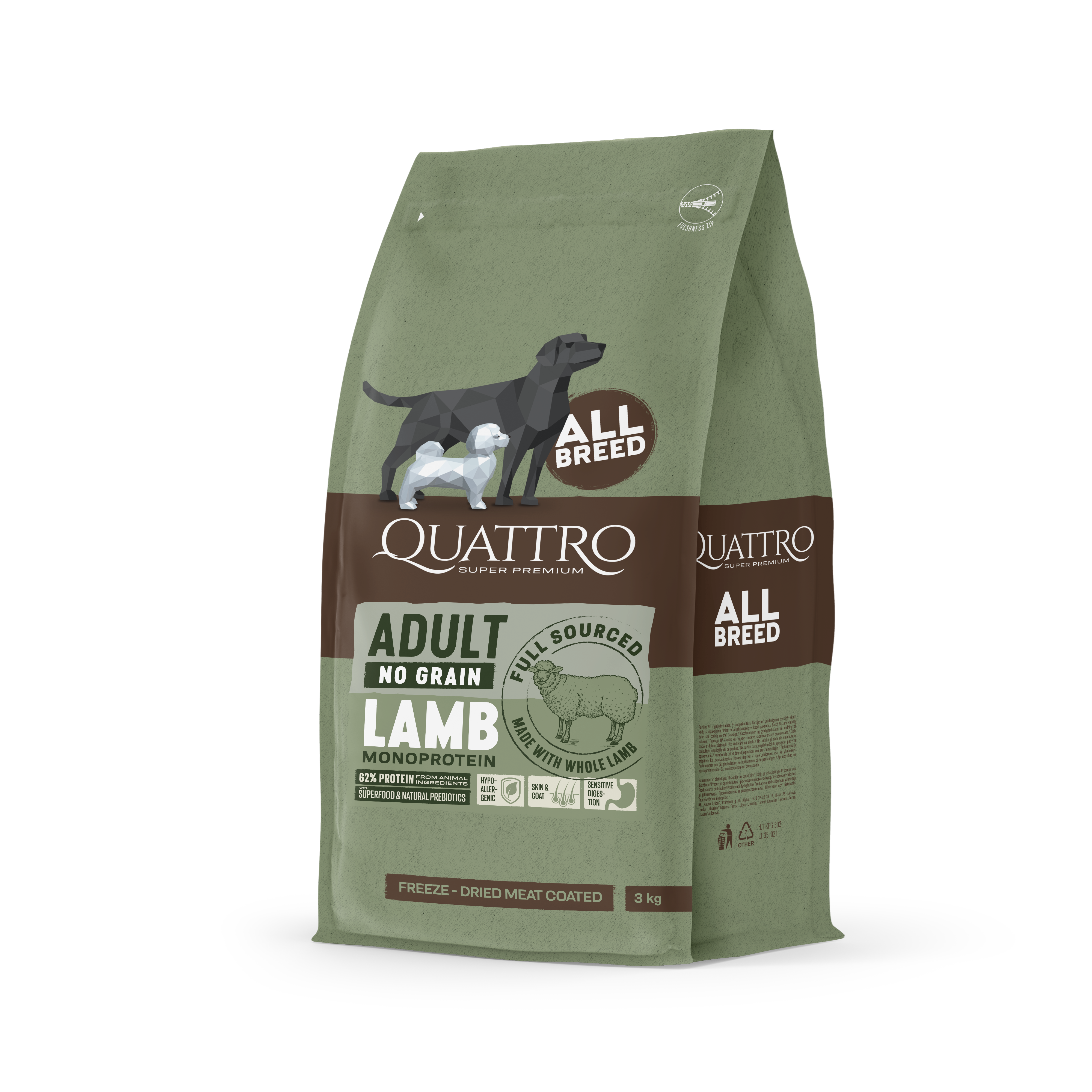 QUATTRO begrūdis visų veislių suaugusių šunų pašaras su ėriena monoproteinas, 3kg