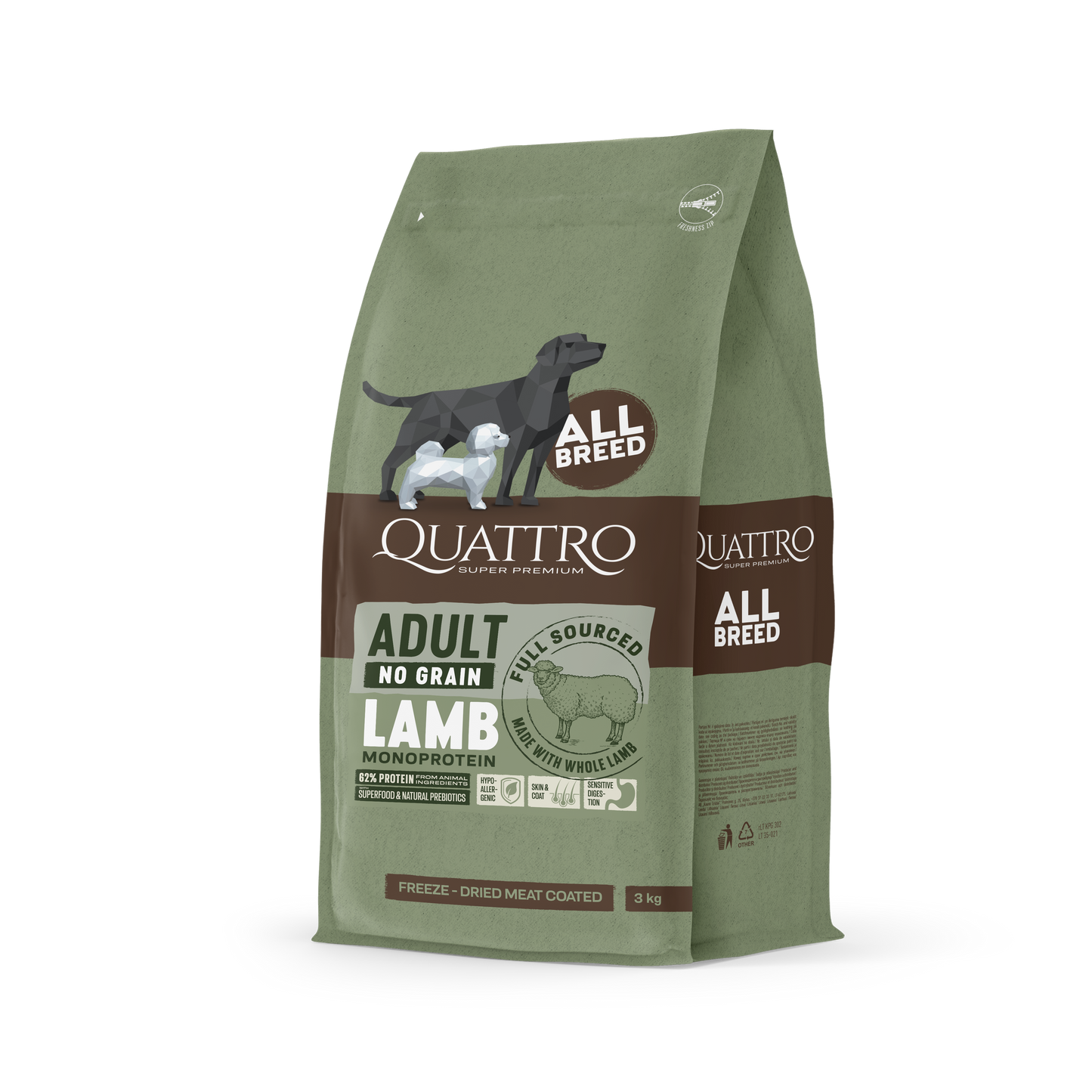 QUATTRO begrūdis visų veislių suaugusių šunų pašaras su ėriena monoproteinas, 3kg