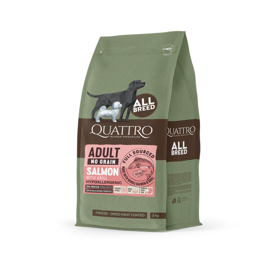 QUATTRO begrūdis visų veislių suaugusių šunų pašaras su lašiša ir kriliu 3kg