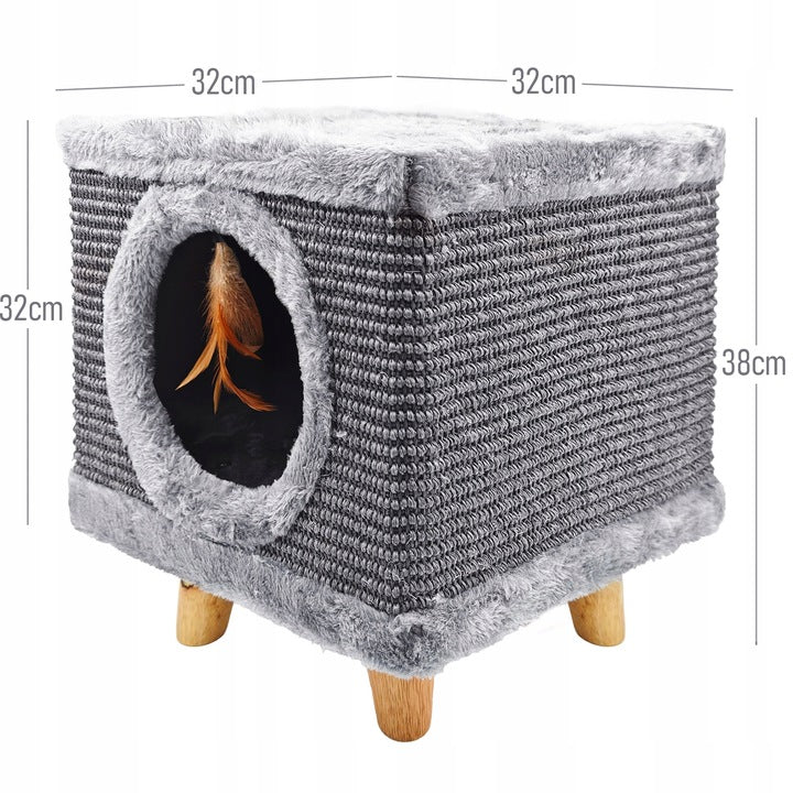 Tvirta katės draskyklė, namelis su plunksnomis ir guoliu 38 cm