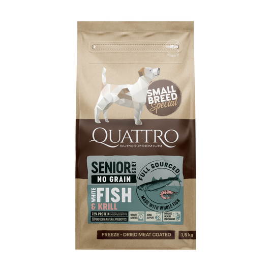 Quattro SB sausas seniems/dietinis mažų veislių šunų pašaras su balta žuvimi ir kriliu 7kg