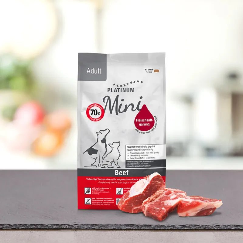 Platinum Adult Mini sausas pašaras mažų veislių šunims su jautiena 900g
