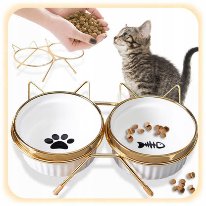 Dvigubas keraminis katės dubuo ant stovo 2x300m