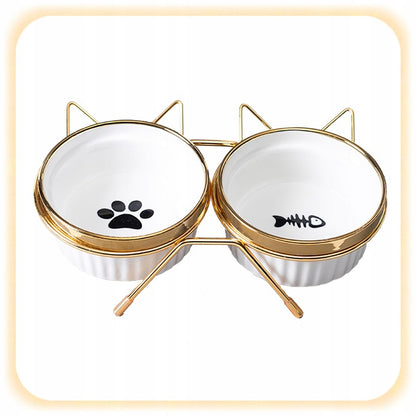 Dvigubas keraminis katės dubuo ant stovo 2x300m