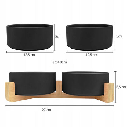 Dvigubas keraminis šuns/katės dubuo ant medinio stovo 2x400ml