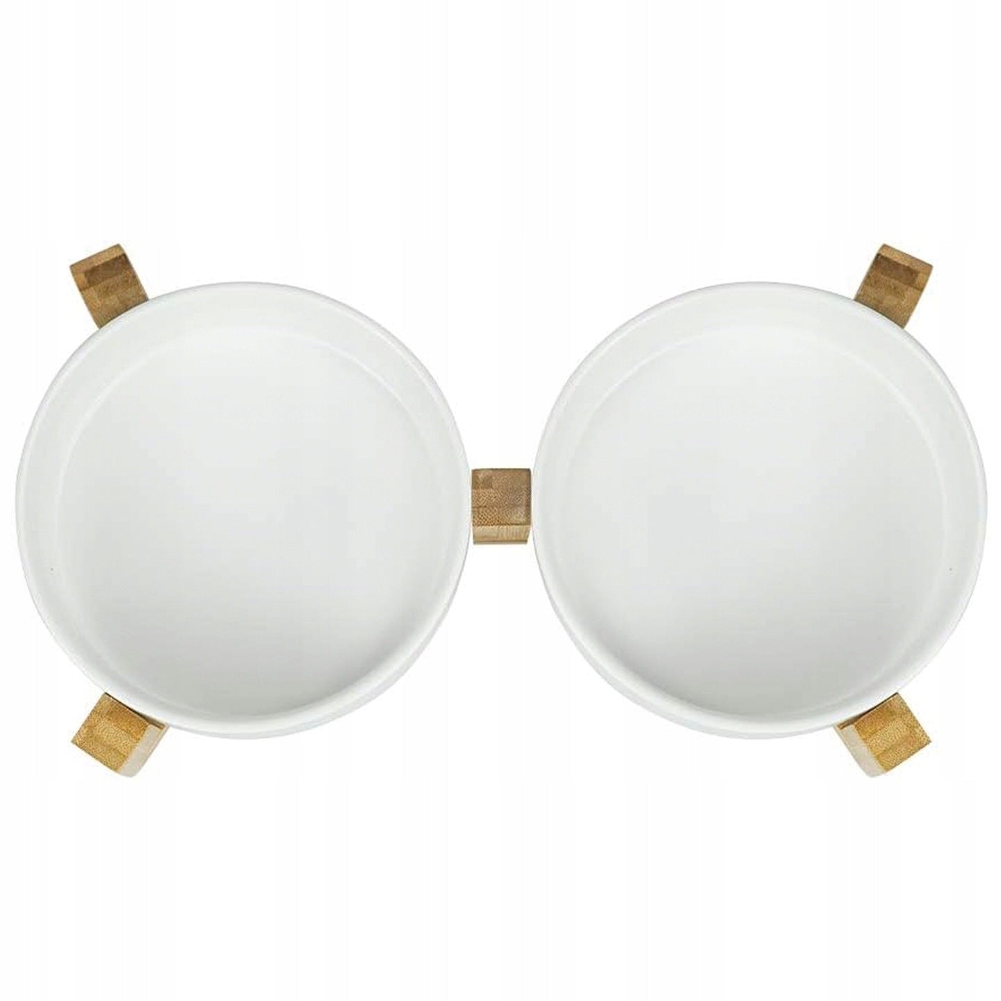 Dvigubas keraminis šuns/katės dubuo ant medinio stovo 2x400ml, baltas