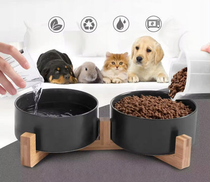 Dvigubas keraminis šuns/katės dubuo ant medinio stovo 2x400ml