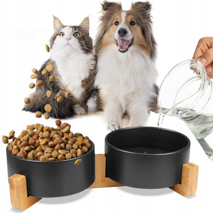 Dvigubas keraminis šuns/katės dubuo ant medinio stovo 2x400ml