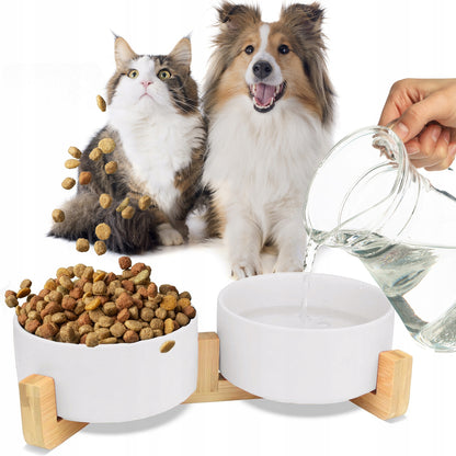 Dvigubas keraminis šuns/katės dubuo ant medinio stovo 2x400ml, baltas