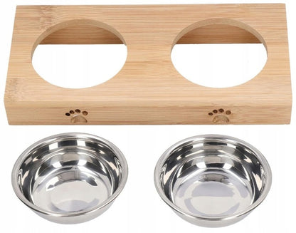 Dvigubas dubenėlis šuniui/katei su bambukiniu stovu