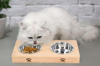 Dvigubas dubenėlis šuniui/katei su bambukiniu stovu