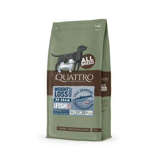 QUATTRO begrūdis visų veislių suaugusių šunų pašaras WEIGHT LOSS su balta žuvimi ir kriliumi 3kg