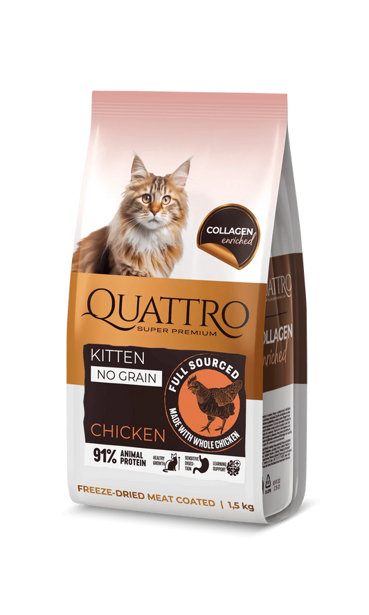 QUATTRO visavertis sausas pašaras visų veislių kačiukams su vištiena (iki 12 mėnesių), 7kg