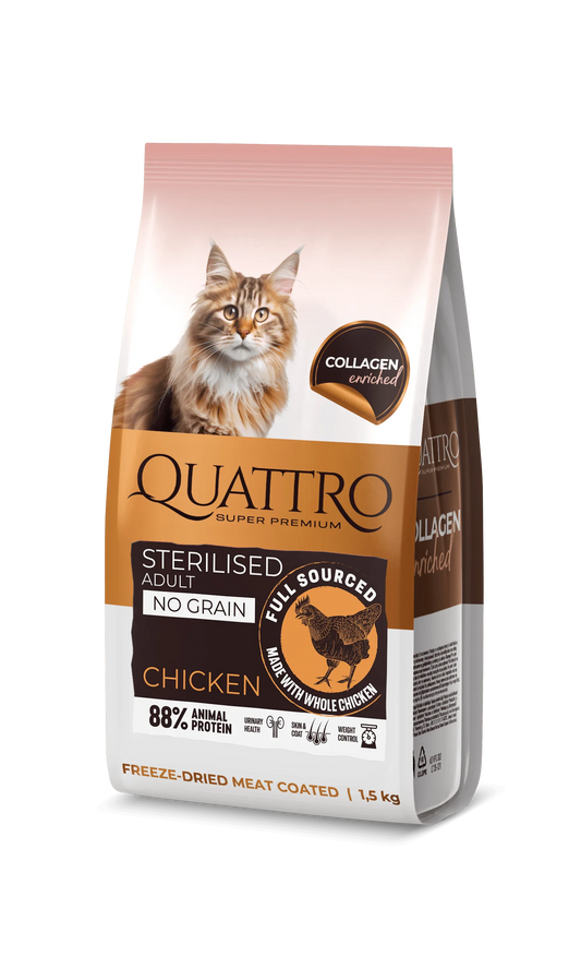 QUATTRO visavertis sausas pašaras suaugusioms sterilizuotoms katėms su vištiena, 7kg