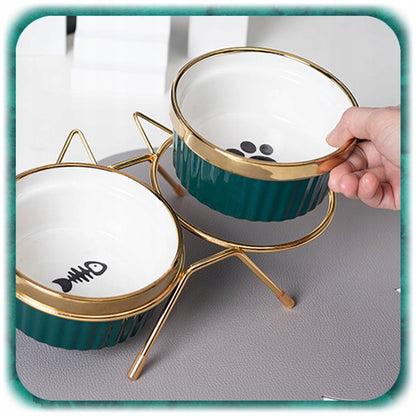 Dvigubas keraminis katės dubuo ant stovo 2x300m