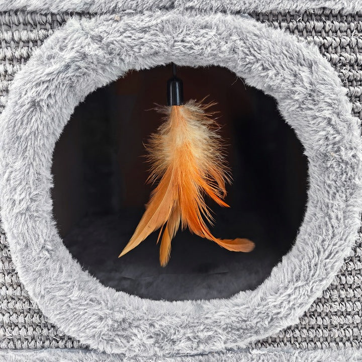 Tvirta katės draskyklė, namelis su plunksnomis ir guoliu 38 cm