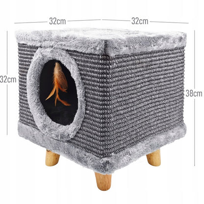 Tvirta katės draskyklė, namelis su plunksnomis ir guoliu 38 cm