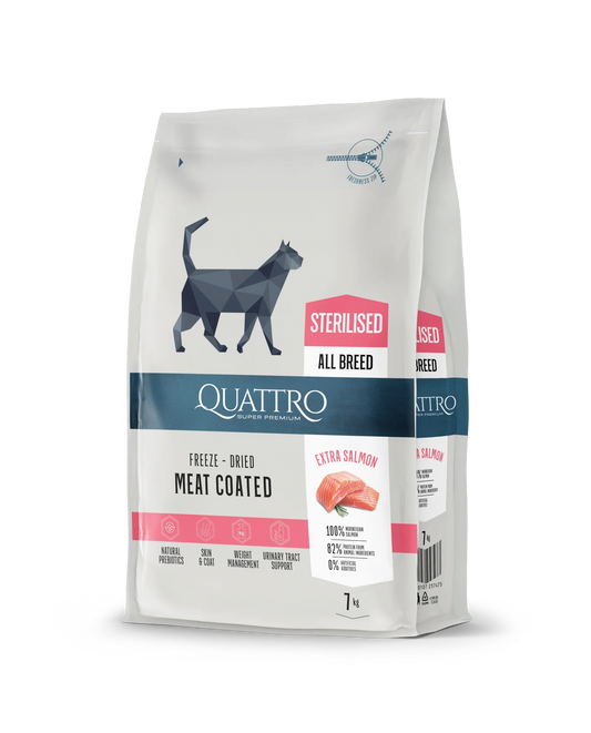 QUATTRO Extra Salmon Sterilised su lašiša sausas sterilizuotų kačių pašaras, 7kg
