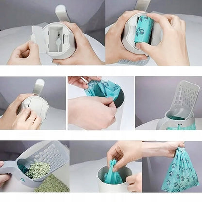 Katės kraiko kastuvėlis su rankena ir šiukšlių maišu