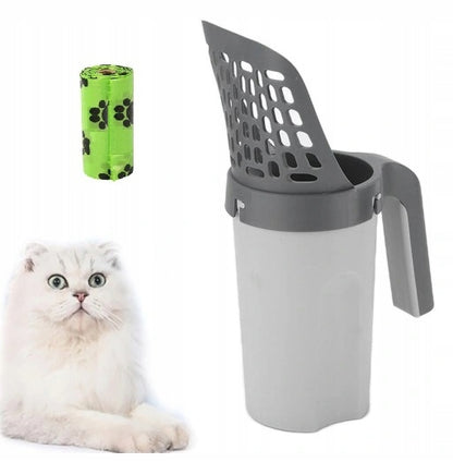 Katės kraiko kastuvėlis su rankena ir šiukšlių maišu