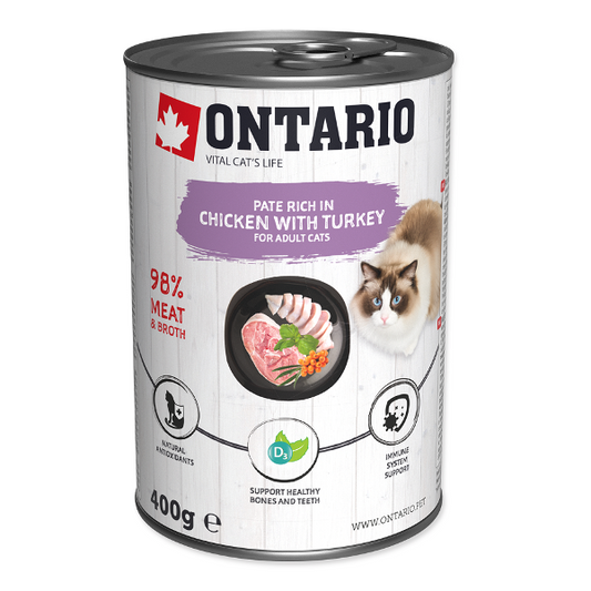 Ontario Cat Can Chicken with Turkey and Sea Buckthorn 400g (Vištiena su kalakutiena ir šaltalankiu)