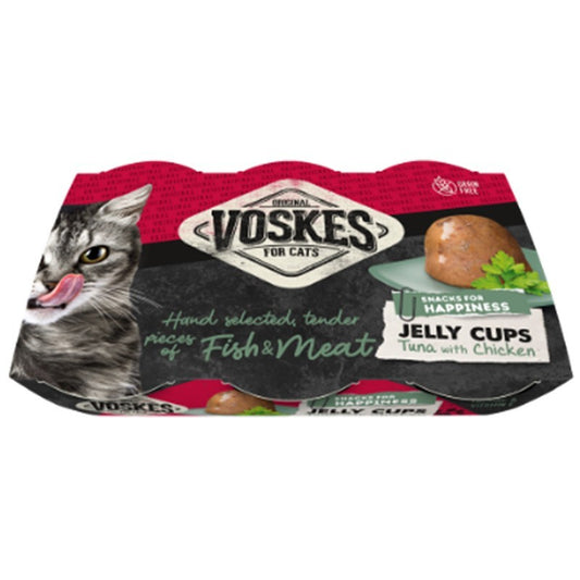 Voskes Jelly Cups Tuna & Chicken - želė su tunu ir vištiena, skanėstas katėms, 6x25g